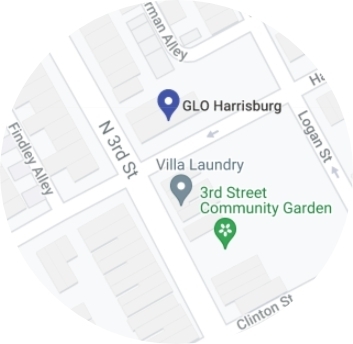 Map showing the location of GLO Harrisburg, a partner with Hamilton Health Center in Harrisburg