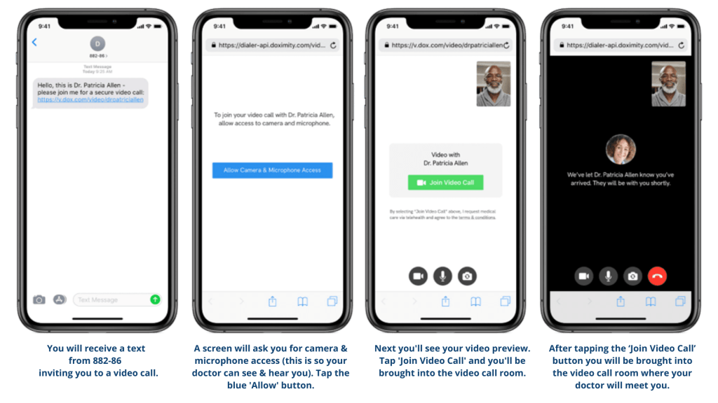 An Image of four cell phones illustrating how to use doximity dialer for telehealth appointments through Hamilton Health Center. Instructions are as follows: First, a text from number 882-86 is received. Next a screen on your phone will ask for camera and microphone access. Next a video preview appears and then you will tap to join the video call. For more information on how to use telehealth, please call 717-232-9971.
