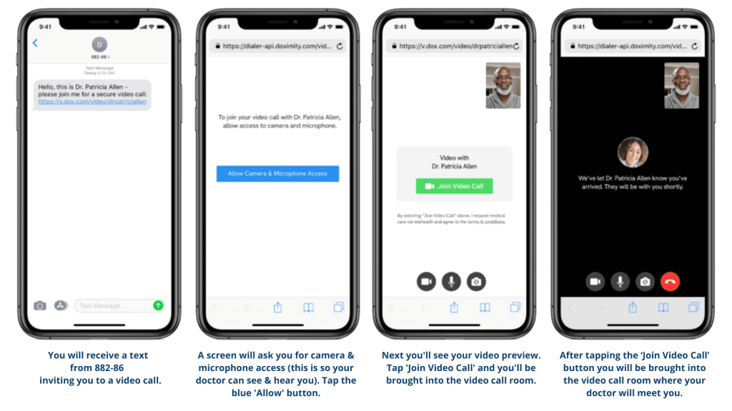 An Image of four cell phones illustrating how to use doximity dialer for telehealth appointments through Hamilton Health Center. Instructions are as follows:  First, a text from number 882-86 is received. Next a screen on your phone will ask for camera and microphone access. Next a video preview appears and then you will tap to join the video call.  For more information on how to use telehealth, please call 717-232-9971.