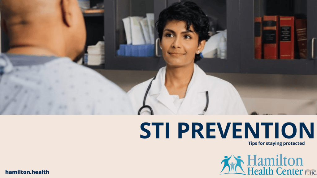 A picture of a doctor speaking with a patient with the words "STI PREVENTION - TIPS FOR STAYING PROTECTED) overlayed.